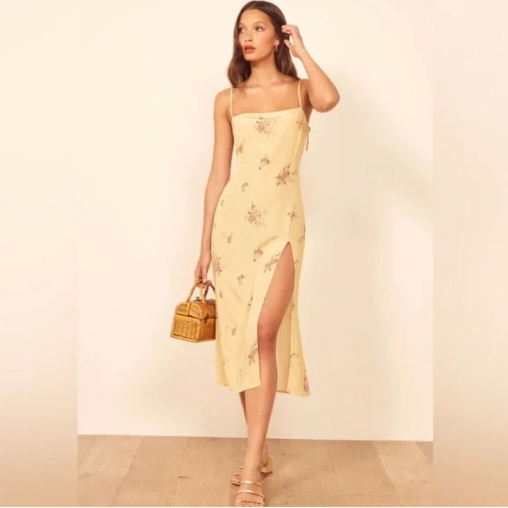 Reformation Averi Yellow Floral Silk Midi Dress